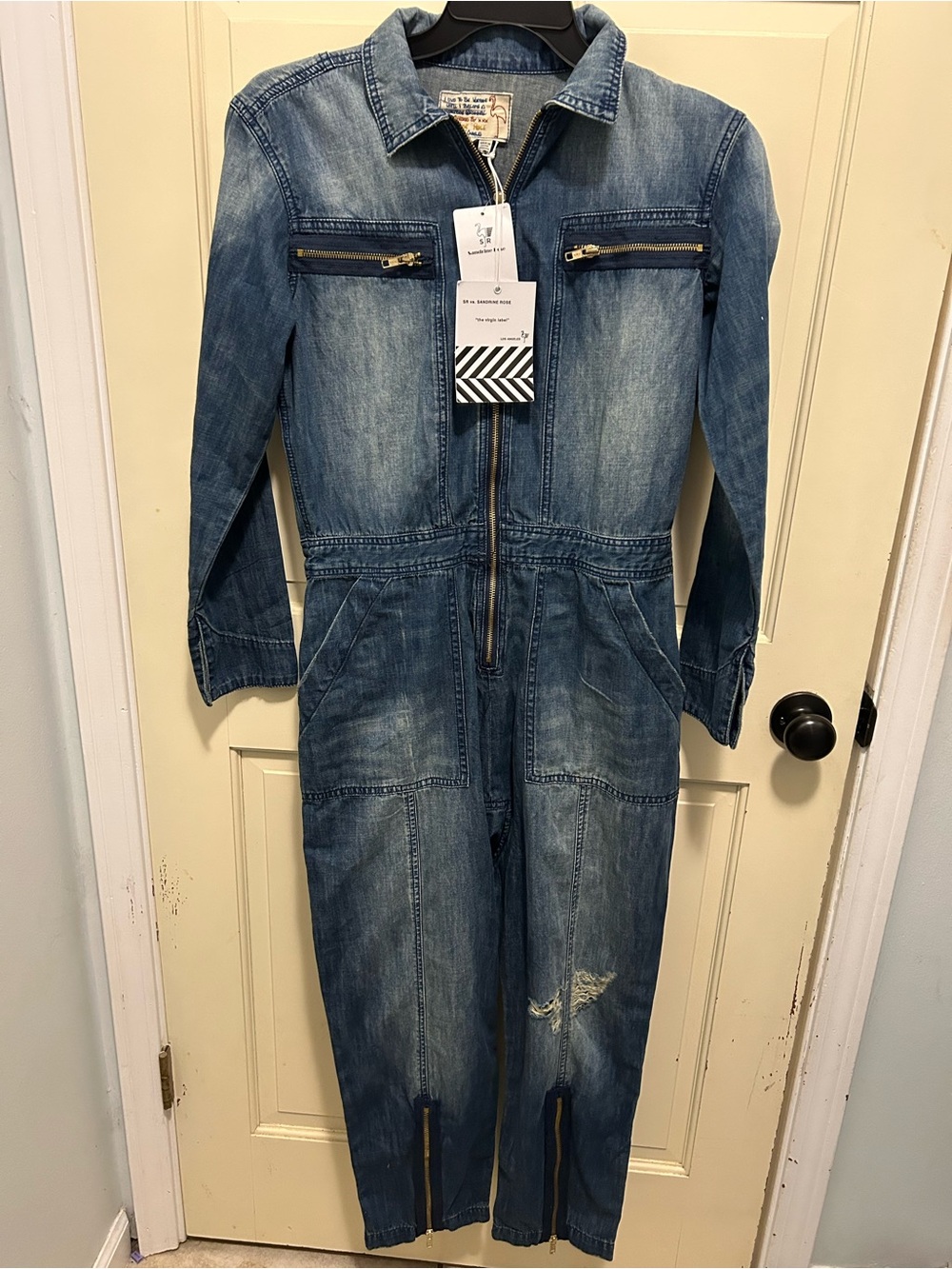 Sandrine Rose FREE PEOPLE Deep Zip Denim Jumpsuit Slouchy Small Utility Style